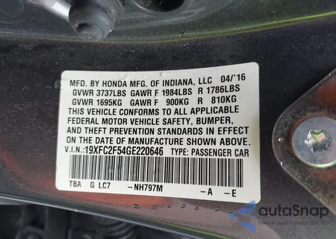 2016 Honda Civic Lx z USA, uszkodzony, nr VIN 19XFC2F54GE220646